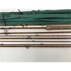 Four split cane fly fishing rods, three made by Burn of Selsdon, the four unmarked, housed in rod bags and a card tube