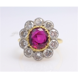  Ruby and diamond cluster gold ring, hallmarked 18ct, ruby 2.36 carat diamonds 2.05 carat, diamonds VVS1/H-G    