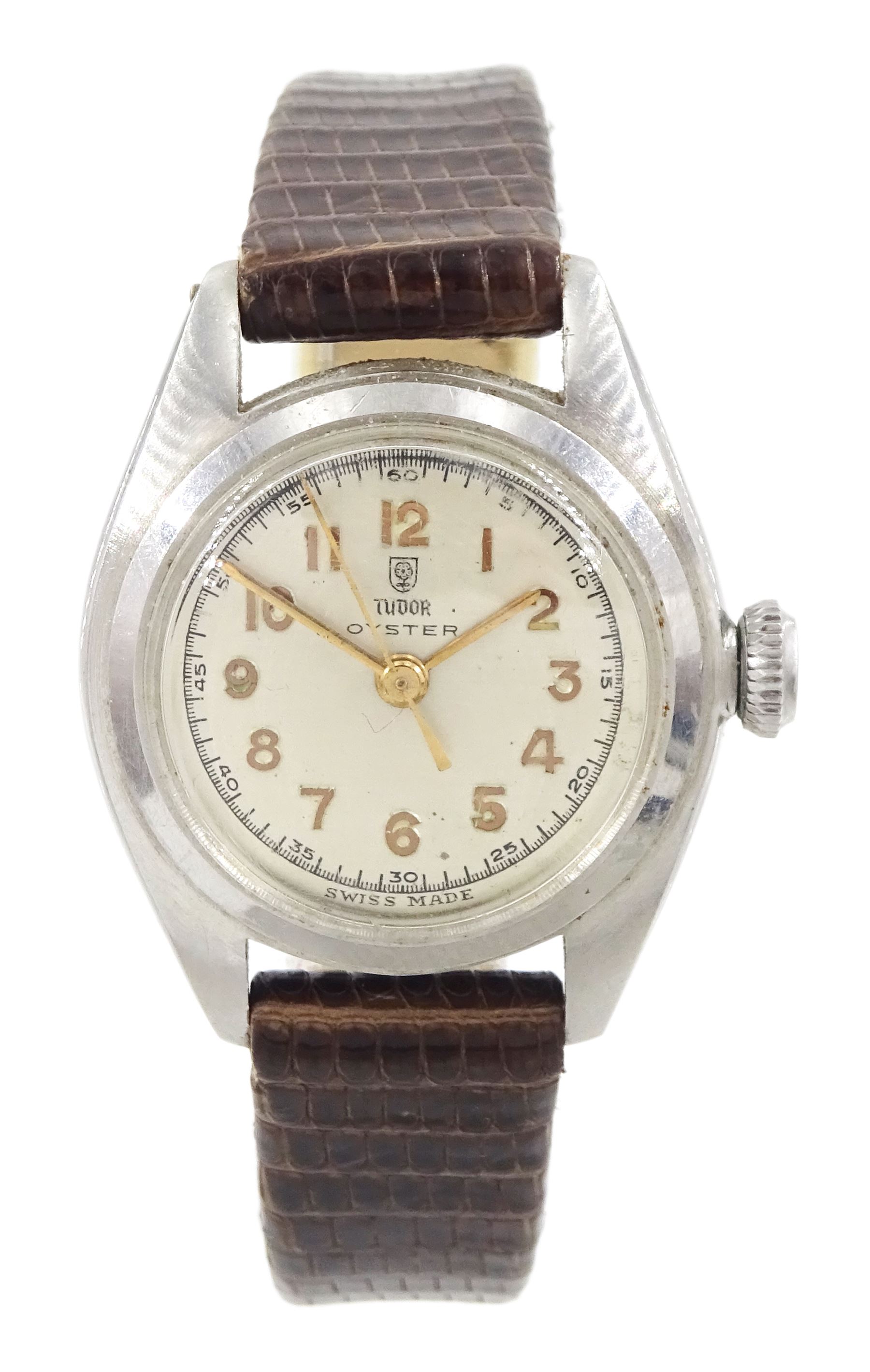 Tudor Oyster ladies stainless steel manual wind wristwatch, back case No. 35157 895, silvered dial with Arabic numerals, on brown leather strap