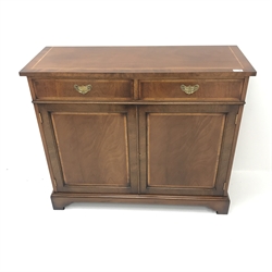 Gotts of Pickering inlaid mahogany side cabinet, two drawers above two cupboards, shaped plinth base, W102cm, H85cm, D38cm