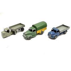 Dinky - six unboxed and playworn early die-cast commercial vehicles including French made Studebaker M16 covered wagon, Trojan Oxo van, B.E.V. Truck, Dodge Tipper, Royal Mail Van etc (6)