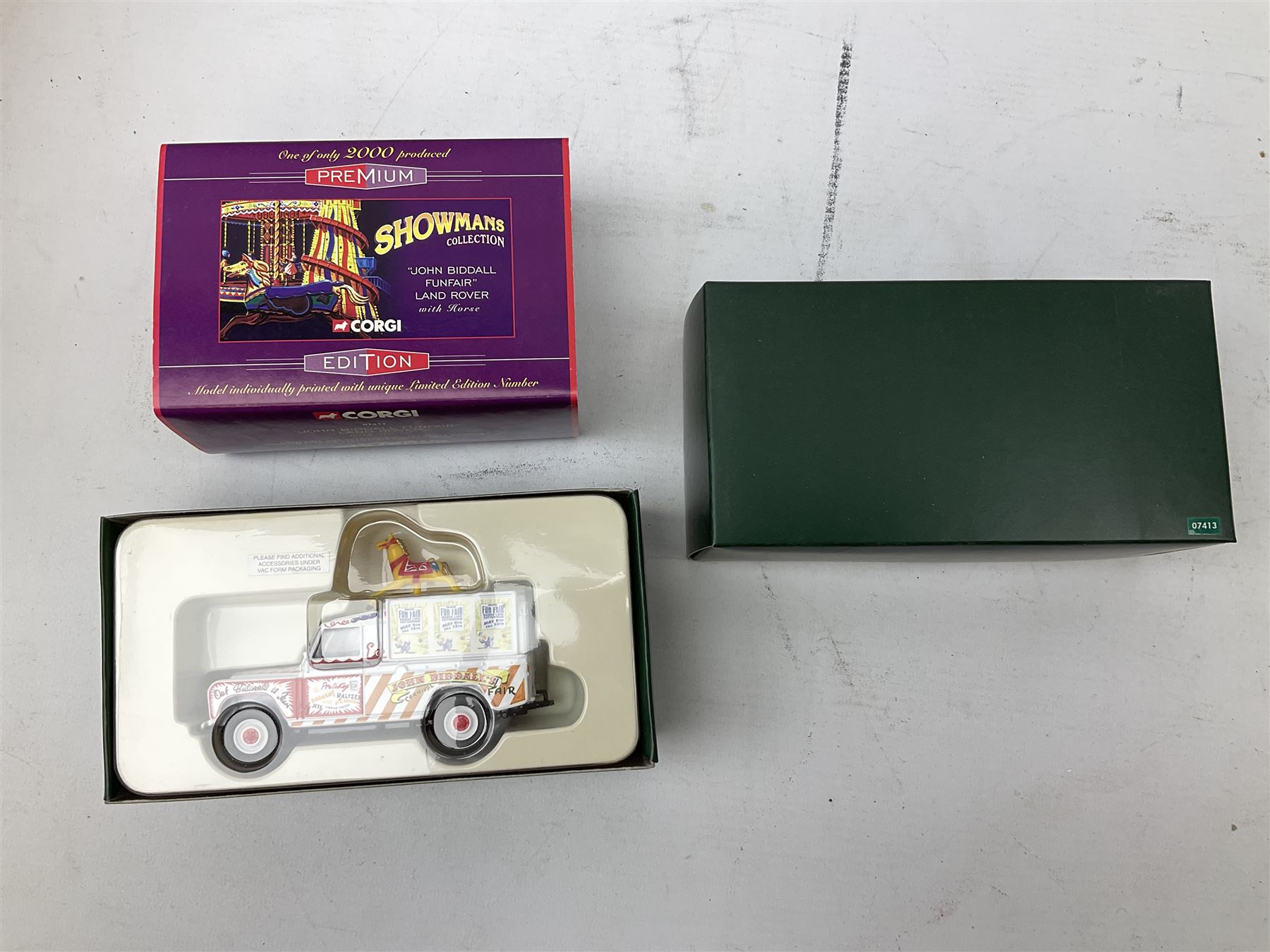 Corgi Premium limited edition - three Showman's Collection die-cast models comprising 07413 John Biddall Funfair Land Rover; 16602 Jennings Scammell Highwayman Ballast and Dodgem trailer; and 55609 John Thurston Diamond Ballast; together with three British Rail models comprising CC11606 Albion Reiver Platform Lorry and Tank Container Load; CC11301Scammell Scarab; and CC11001 Thames Trader Flatbed; all boxed (6)