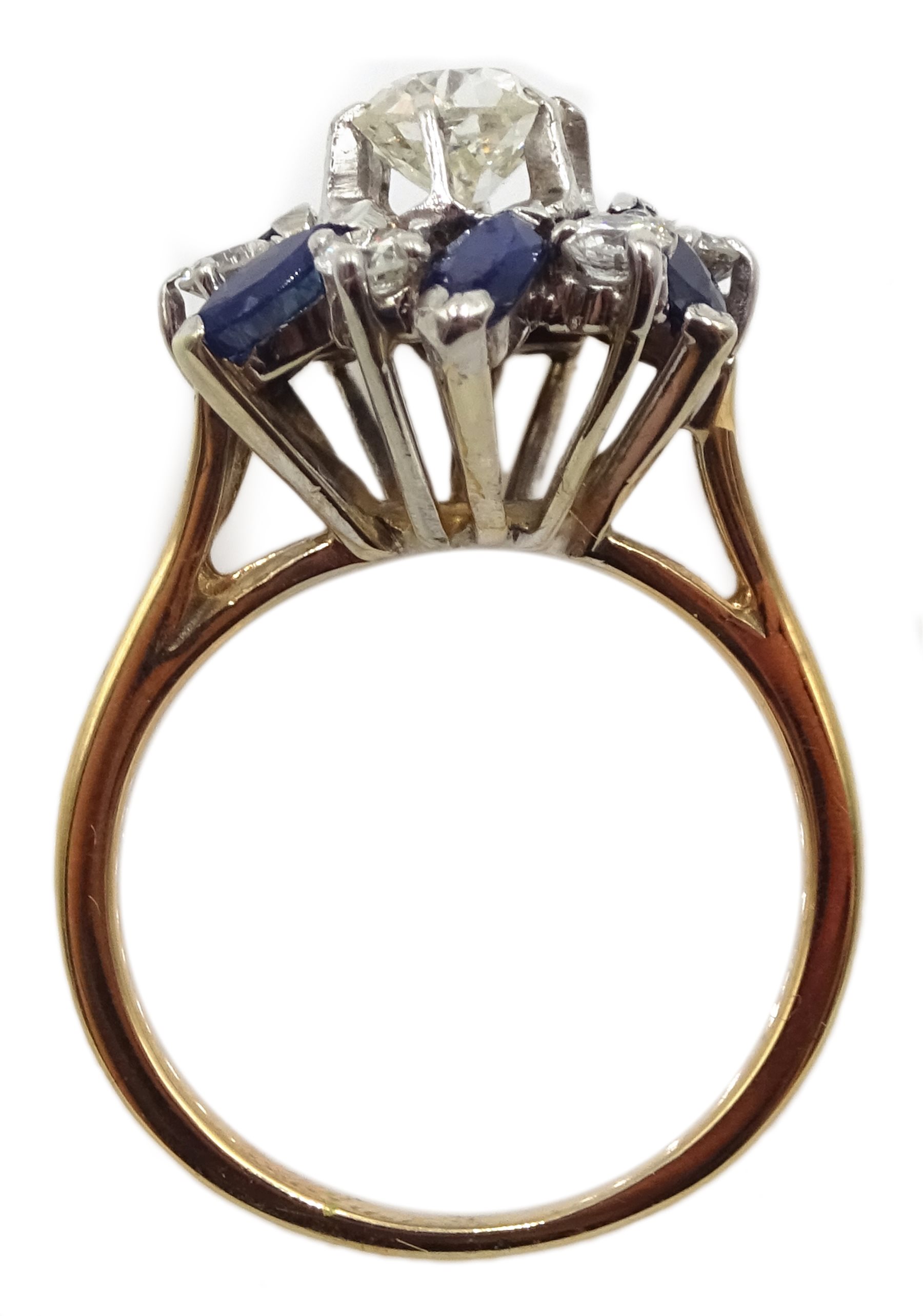 18ct gold diamond and sapphire ring, the central old cut diamond of approx 0.75 carat, with round brilliant cut diamonds and marquise cut sapphires