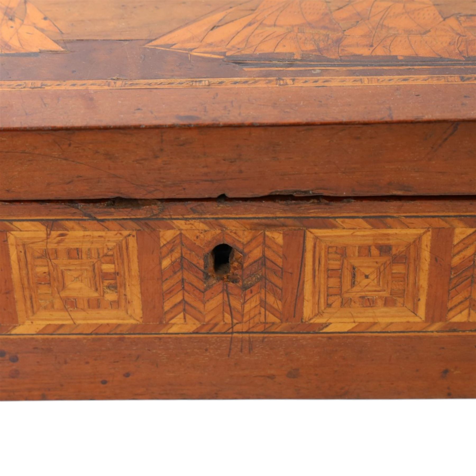 19th century satin wood marquetry inlaid correspondents box, the lid with inlaid three-masted sailing ship, opening to fitted compartments,  H1cm, L21cm, D12cm