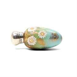 Victorian silver and porcelain scent bottle, painted with flowers on a gilt, blue and green sponged ground, maker GW, Birmingham 1887, L5cm
