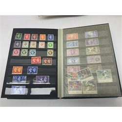 Great British and World stamps, including Queen Elizabeth II pre and post decimal, first day covers, Spanish stamps etc and various postcards, housed in stockbooks, folder and loose