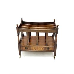 Georgian style mahogany Canterbury, single drawer, square supports on castors