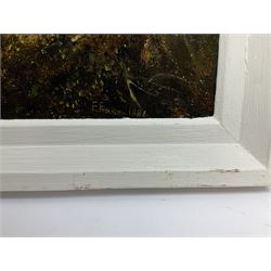 E Fraser (Scottish 19th century): Picnic Next to Roaring Waterfall, oil on board signed and dated 1884, 29cm x 44cm