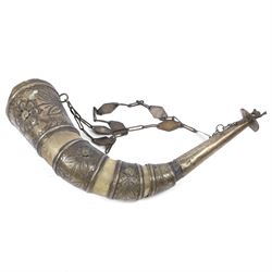 Horn powder flask, with metal mounts embossed with foliate decoration, L40cm