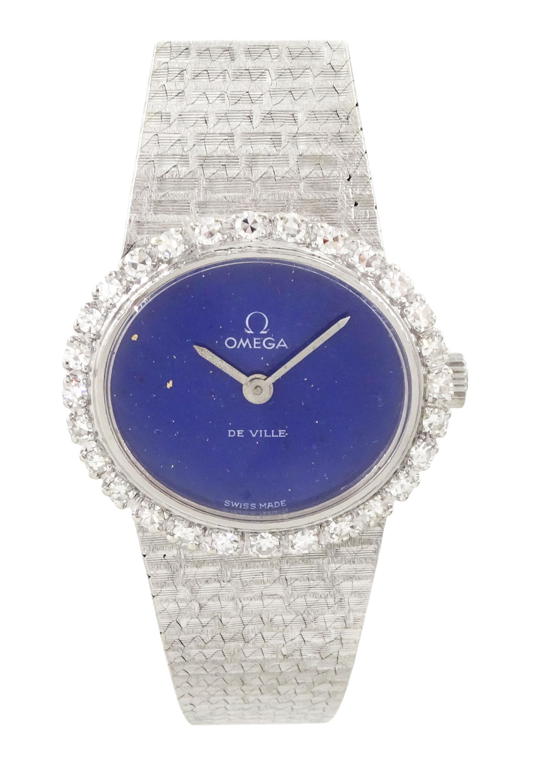 Omega ladies 18ct white gold, manual wind wristwatch, Cal. 620, lapis lazuli dial with round brilliant cut diamond bezel, on integral 18ct white gold bracelet, London import mark 1970
