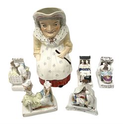 19th Century Toby jug modelled as a seated lady wearing a dotted pattern apron and shawl,  along with five Victorian and later fairings (6)