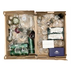 Caithness 'Fireball' paperweight, together with four cased Tyrone Crystal glasses, glass oil lamp, three glass decanters etc, in two boxes