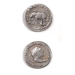 Roman Empire - Titus (AD 79-81): Silver Denarius coin, obverse laureate head of Titus righ...