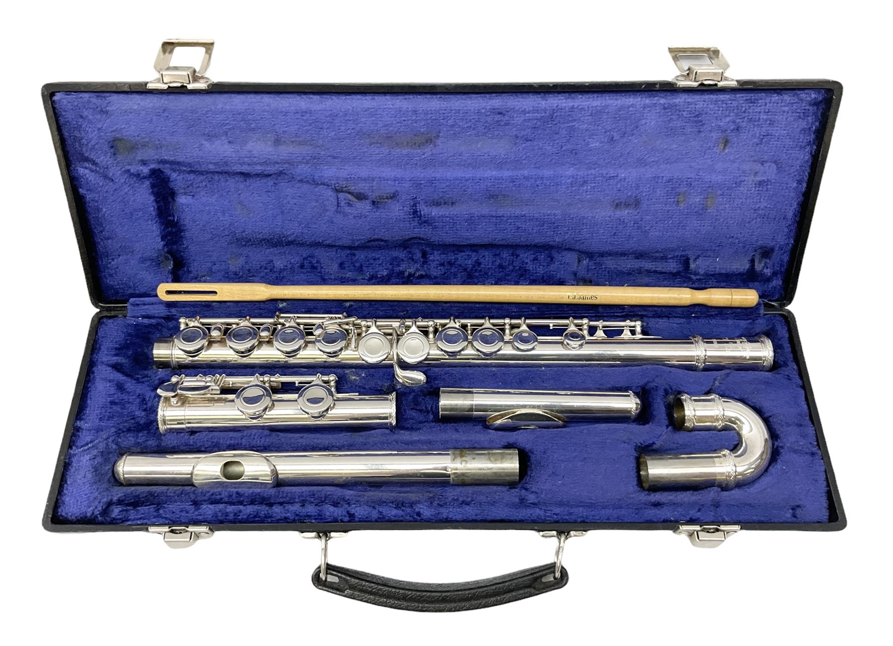 Trevor J. James T.T. 10X silver plated flute, with two mouthpieces and crook joint, serial no. 71002, in carry case