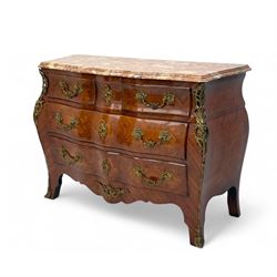 20th century Louis XV design serpentine commode, the rectangular breccia marble top with a rounded moulded edge and projecting corners, above a bombe bombe-shaped kingwood and parquetry design front of two short and two graduated drawers with rococo style handles, corners with gilt-bronze foliate mounts on short cabriole form feet with gilt bronze sabots  