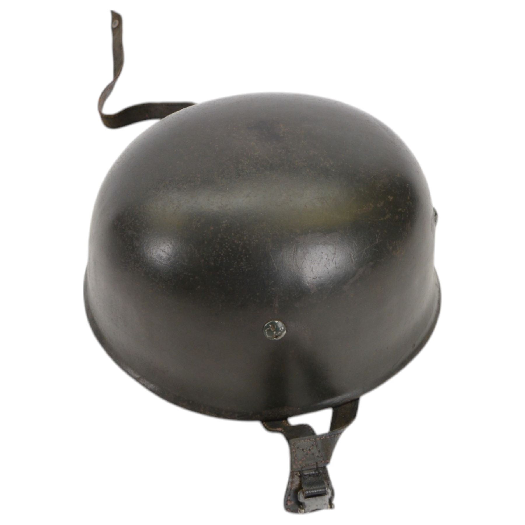 Reproduction German Fallschirmjager paratrooper helmet, inner webbing and leather chin strap, marked ET71 inside 