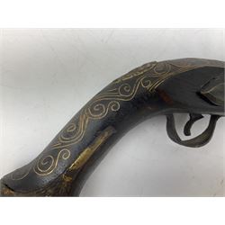 REGISTERED FIREARMS DEALERS ONLY - Reproduction flintlock pistol, the full walnut stock with brass filigree inlay and mounts and skull crusher butt L46cm; no visible proof marks - Disposed 25.06.25 - Notified 24.07.25