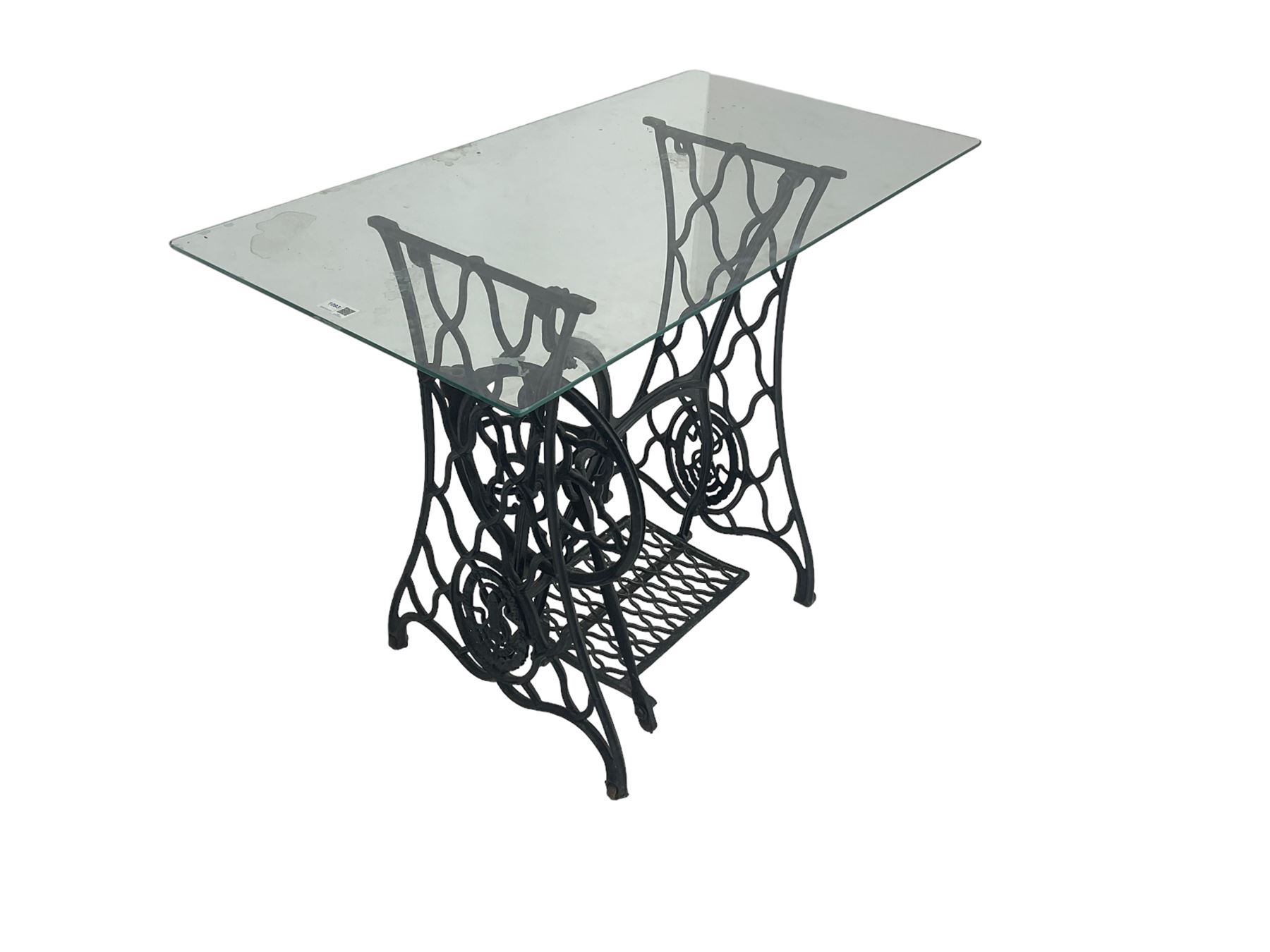 Singer - early 20th century cast iron sewing machine table, with rectangular glass top