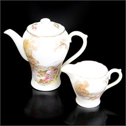 Shelley Heather pattern coffee service for six, including coffee pot, milk jug, two open sucrier, coffee cups and saucers, tea cups and saucers, etc