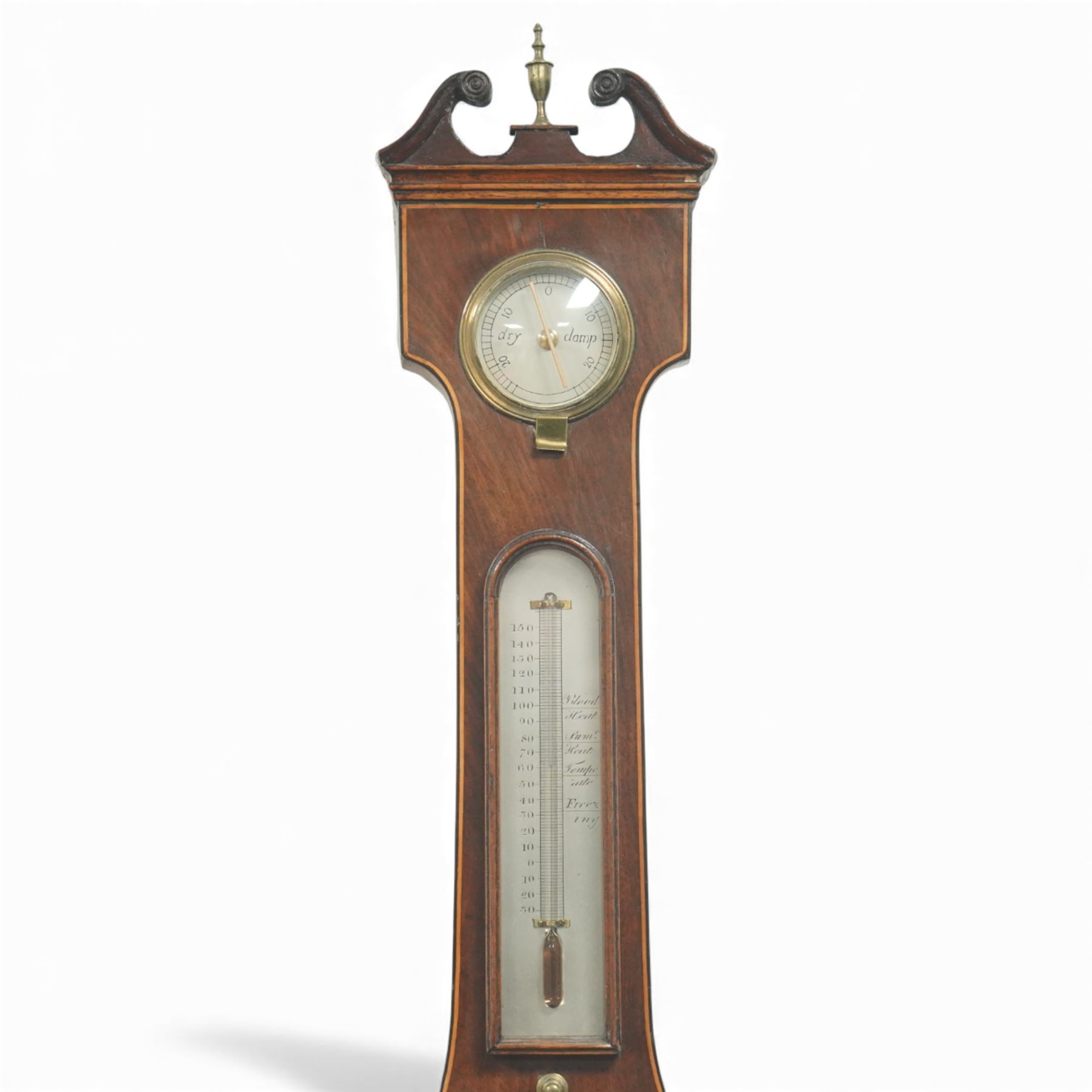 John Cattermole of York - early 19th-century wheel-barometer,  in a mahogany case with a break arch pediment, brass finial and rounded base, 8-inch silvered dial with predictions and recording barometric air pressure from 29-31 inches, steel indicating hand and brass recording hand, hydrometer, spirit bubble and boxed spirit thermometer