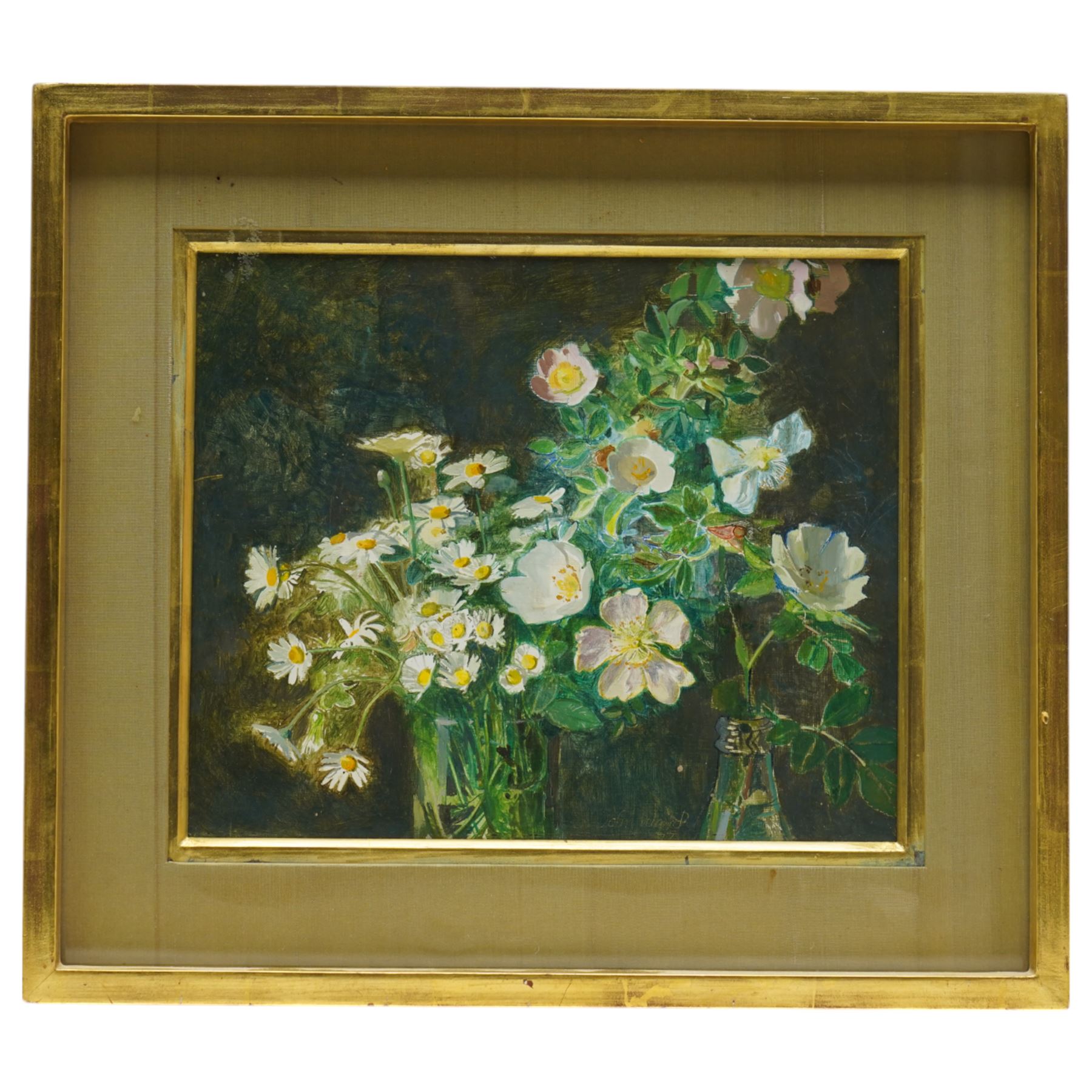 John Stanton Ward (British 1917-2001): Still Life of 'Dog Row and Daisies', oil on board signed and dated '77, exhibition label verso, together with a letter from John Ward 25cm x 30cm