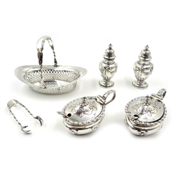  Silver bon-bon basket by Levi & Salaman Birmingham 1920, 12cm, pairs of mustards and peppers by Adie Brothers Ltd Birmingham 1929, mustard spoon and a pair of sugar nips approx 6oz  