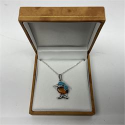 Silver Baltic amber and turquoise kingfisher pendant necklace, stamped 925, boxed 