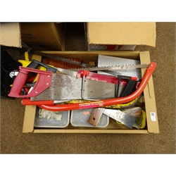  Large quantity of hand tools comprising of saws, a socket set, hammers etc and a small three section aluminium ladder  