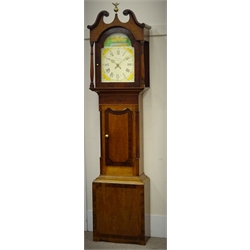 19th century cross banded oak longcase clock, broken arch pediment, brass finial with Phoenix, glazed door, painted arched Roman dial signed 'Th Humphreys Barnard Castle' with subsidiary calendar aperture, thirty hour movement striking on a gong, H230cm  