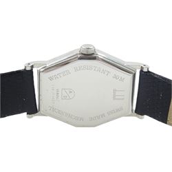 Alfred Dunhill gentleman's stainless steel manual wind wristwatch, silvered octagonal dial with Arabic hour markers, on original black leather strap, with original buckle, boxed