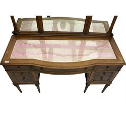 Early 20th century French walnut dressing table, triple mirror back, inset glass top with embroidered panel