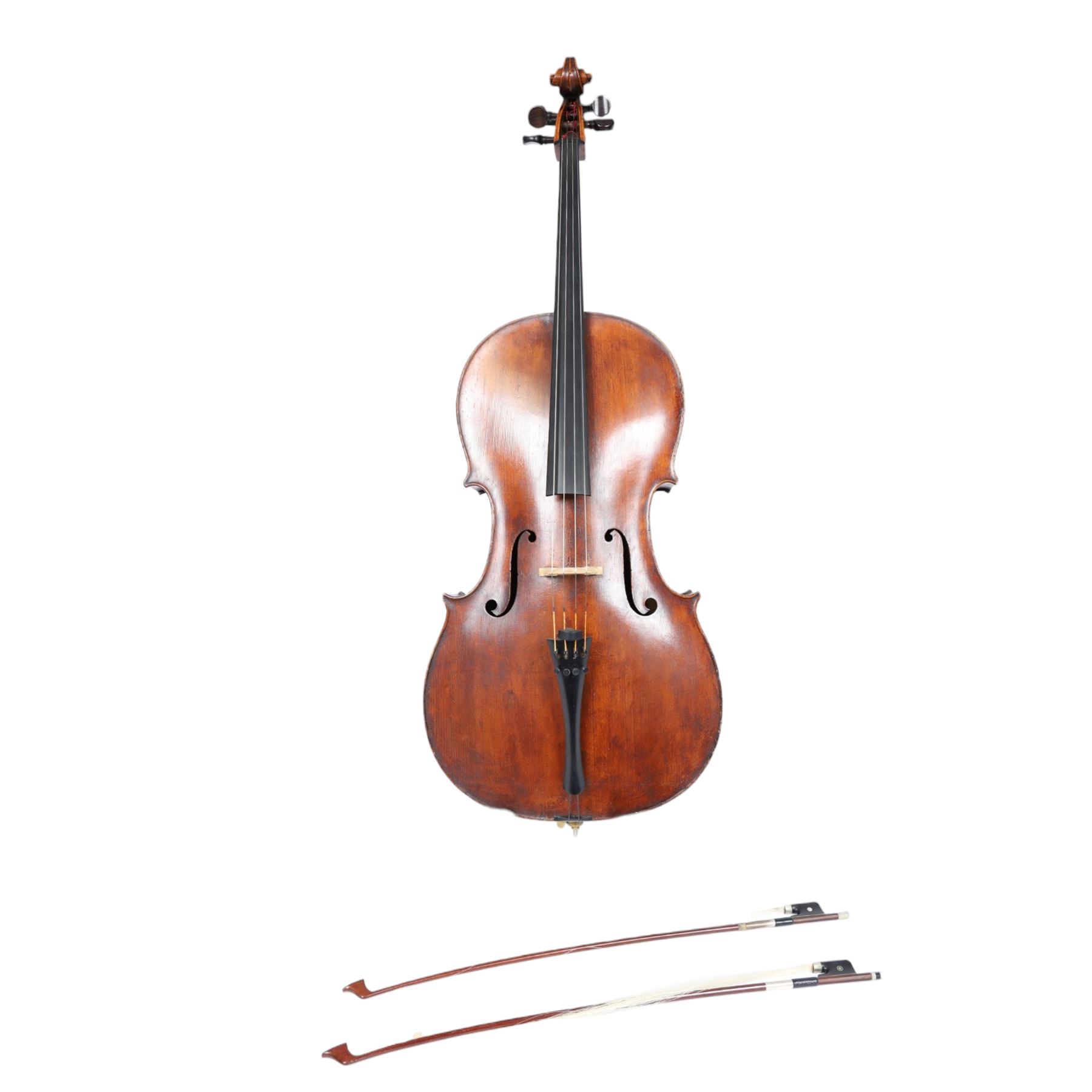 Early 19th century English cello by Samuel Gilkes of London, circa 1820, with two piece back and pine table finished in a golden brown varnish, certificate of authenticity from D.R Hill & Son, Buckinghamshire, numbered H494 in their records, in Hiscox hard case, with two horse hair cello bows, the first an English example stamped Ferranda Millars Liverpool, the second a German example stamped R. Paesold, both with ebonised mother of pearl/abalone frogs and ivory tip plates
This item has been registered for sale under Section 10 of the APHA Ivory Act