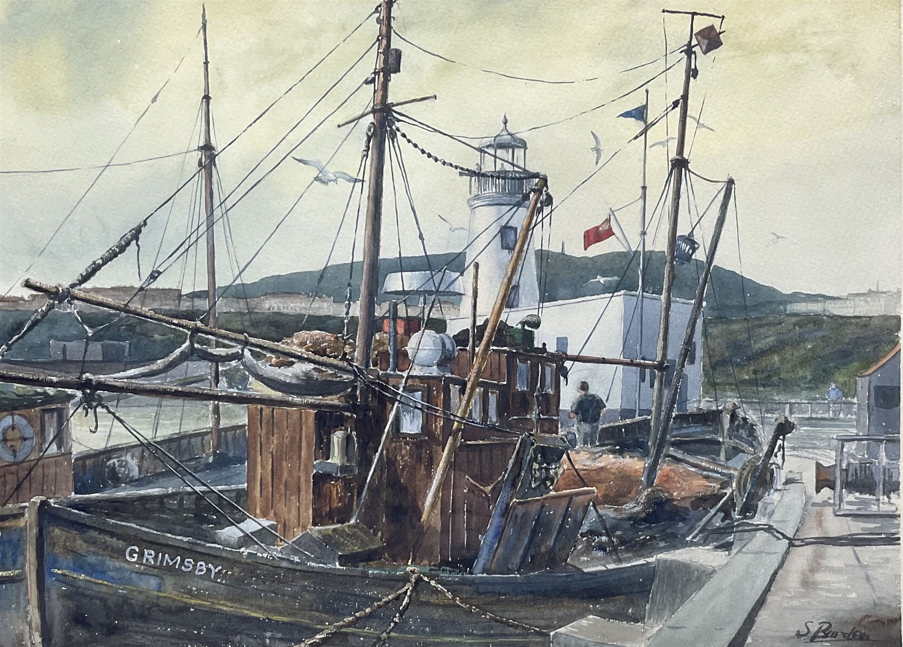 Sam Burden (British 1932/38-): Grimsby Trawler Moored beside Scarborough Lighthouse, watercolour signed 36cm x 49cm