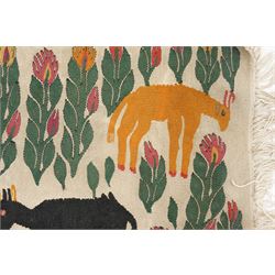 Anatolian pictorial folk art wall hanging or rug, depicting several mountain goats, flamingo and flowers, signed indistinctly 