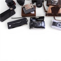 Collection of cameras, lenses and accessories, including Panasonic Lumix DMC-G2, Koroll 24, Coronet folding camera, Halina Zippy F and Vivitar Series 1 lens
