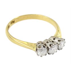 18ct gold three stone round cut diamond ring, stamped , total diamond weight approx 0.70 carat