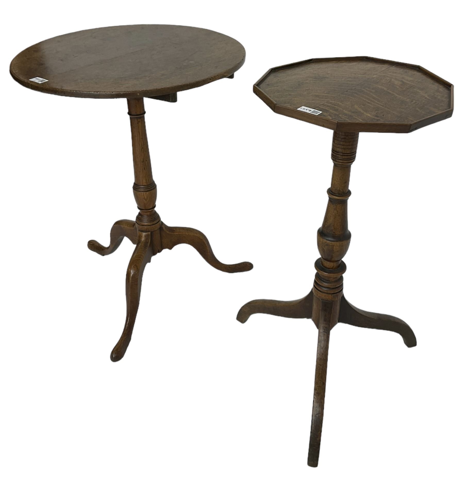 Early 19th century elm and oak tripod table, decagon oak top with raised edge, on turned column with three splayed supports (H74cm); and an early 19th century elm and oak tripod table, circular oak tilt top on turned column with three splayed supports (H70cm) 