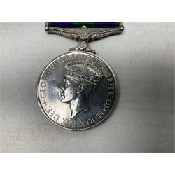 George VI General Service Medal with Malaya clasp awarded to 21126578 Fus. J. Kelly R. Innisks.; with ribbon