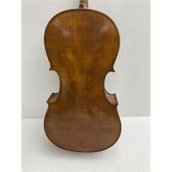 German cello c1900 with 75cm two-piece maple back and ribs and spruce top L121cm overall; in canvas carrying bag; modern Rumanian three-quarter size cello bearing label 'Made in the Workshops of Andeas Zeller Rumania for The Stentor Music Co. Ltd.' L115cm overall; in vinyl carrying case; and Chinese violin for completion; in carrying case with bow (3)