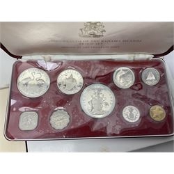 Six Commonwealth of the Bahamas Islands nine coin sets, dated 1972, 1973, 1974, 1975, 1976 and 1979, all minted at the Franklin Mint and containing high denomination silver coins, all cased, and a Bahamas Anniversary 1978 two coin set comprised of two silver proof ten dollar coins, cased 