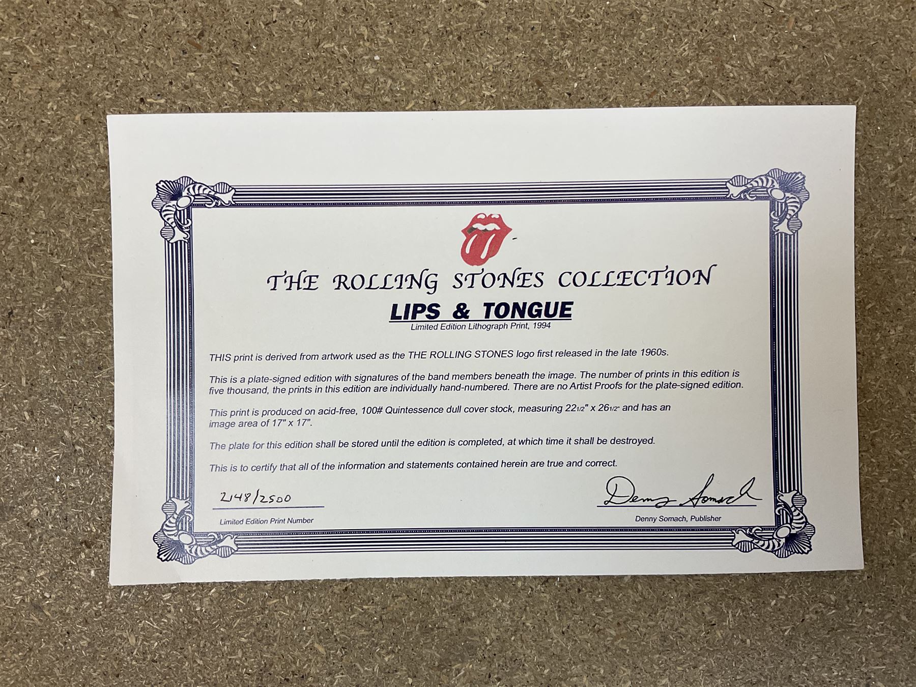 Rolling Stones - two limited edition 1994 Musicon International posters depicting the iconic John Pasche lips and tongue Stones logo surrounded by printed signatures, nos.2148/2500 and 2332/2500 with certificates 67 x 57cm, unframed