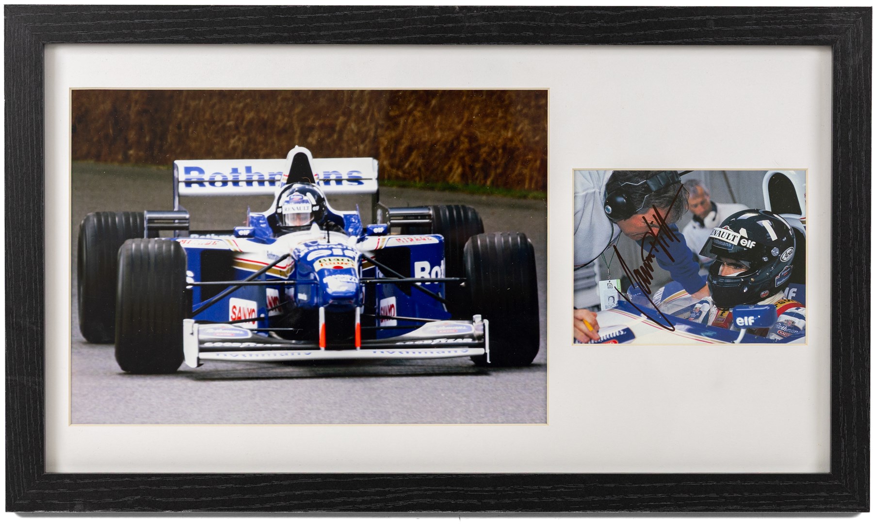 Ten signed Formula 1 photographs, comprising eight Damon Hill examples, Jenson Button and a Nigel Mansell example, nine with certificates of authenticity from Write Stuff Autographs, all framed, largest H47cm, W67cm