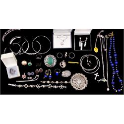 9ct gold emerald and diamond cluster ring, 9ct gold bar brooch, enamel bangle by Michaela Frey, Scottish silver agate brooch, lapis lazuli bead necklace and earring set, and a collection of silver and costume jewellery including rings, earrings, bangles, necklaces and pendants 
