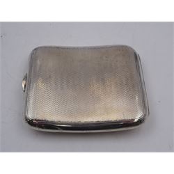 Edwardian silver cigarette case, of rectangular form with engine turned decoration throughout and engraved cartouche to front cover, hallmarked Colen Hewer Cheshire, Chester 1906, H8.6cm