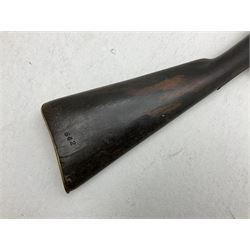20th century Indian percussion musket, the 76cm barrel with two bands, indistinctly inscribed lock-plate, walnut full stock stamped 642 with brass butt and trigger guard and under barrel ramrod channel L121cm overall