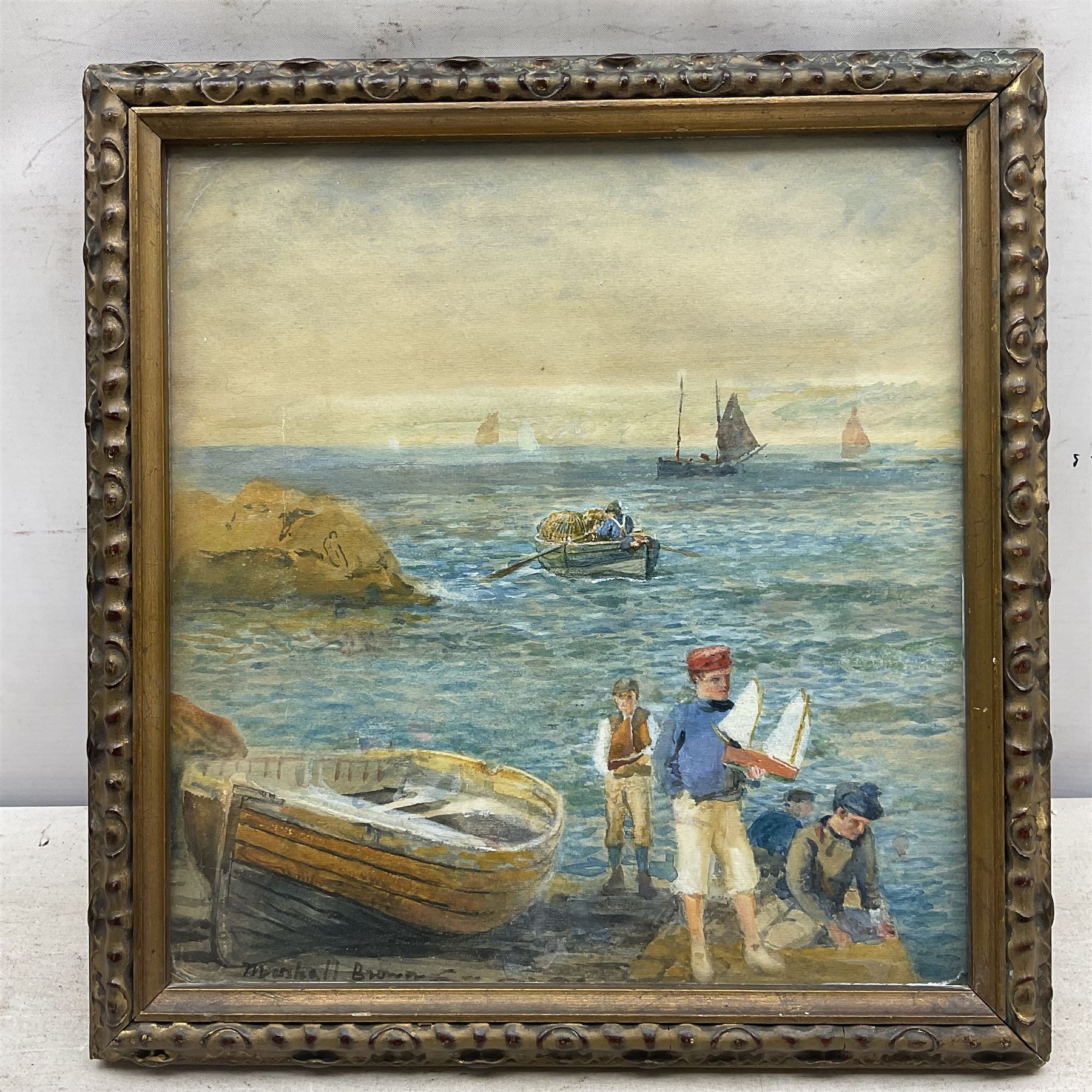 William Marshall Brown (British 1863-1936): Boys and their Boats, watercolour signed, inscribed 'To Alex and all the young mariners WMB' and dated '07 beneath mount verso 27cm x 25cm