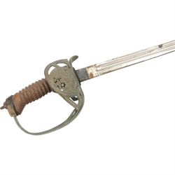 Prussian Cavalry sword Model 1889, with 77cm single edge blade, the folding guard incorporating the Imperial Prussian eagle, stirrup knuckle bow,  in black painted steel scabbard with single suspension ring, overall L94cm 