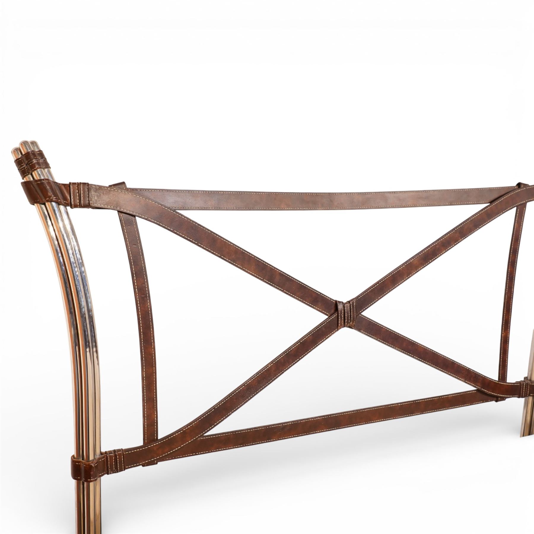And So To Bed - ‘Aphrodite’ 5' king size bedstead, chrome finished frame with cylindrical uprights, trompe l’oeil leather cross-braced headboard and footboard with X-frame stretchers, on tapering chrome supports