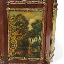 Mid-20th century rosewood vitrine display cabinet, shaped form with cast gilt metal gallery and mounts, enclosed by glazed door with Vernis Martin design panel, fabric lined interior with two glass shelves, on cabriole supports with cast acanthus leaf mounts 