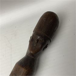 WW1 Prisoner of War carved beech walking cane, the terminal as a head wearing a helmet, and inscribed 'Souvenir from 370th PoW Coy Menin 1919'; bears metal plaque with indistinct monogram L91cm